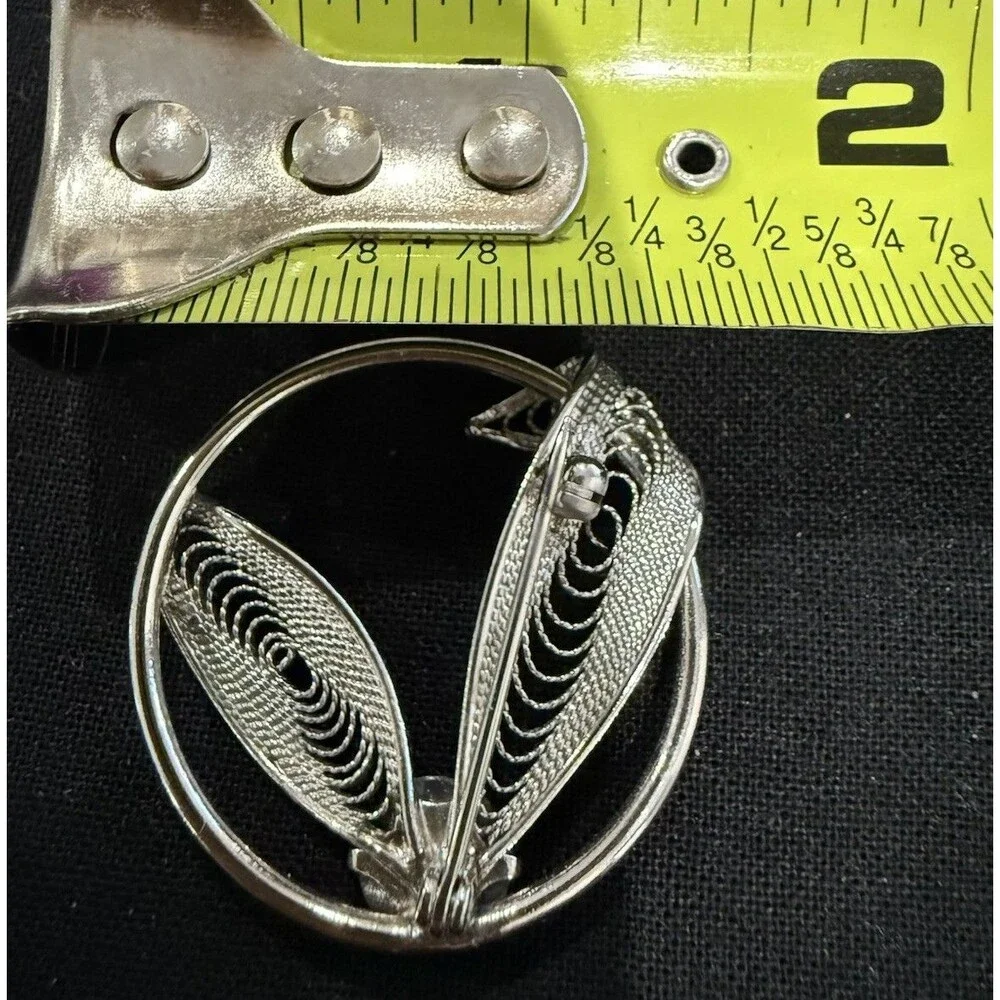 Vintage Mid Century Filigree Wreath Brooch Black Stone Pin Silver Tone  1” Appro